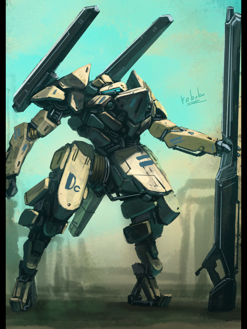 bottoms1237 clenched_hand gun highres holding holding_gun holding_weapon looking_up mecha no_humans original science_fiction shoulder_cannon solo standing visor weapon
