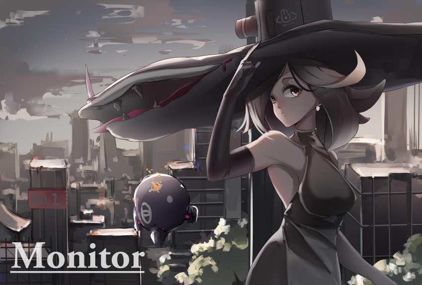 1girl absurdres black_dress black_gloves black_hair breasts brown_eyes character_name city closed_mouth clouds cloudy_sky dress earrings elbow_gloves eyebrows_visible_through_hair gloves headwear highres jewelry long_hair looking_at_viewer lubikaya1 medium_breasts monitor_(warship_girls_r) sky solo warship_girls_r