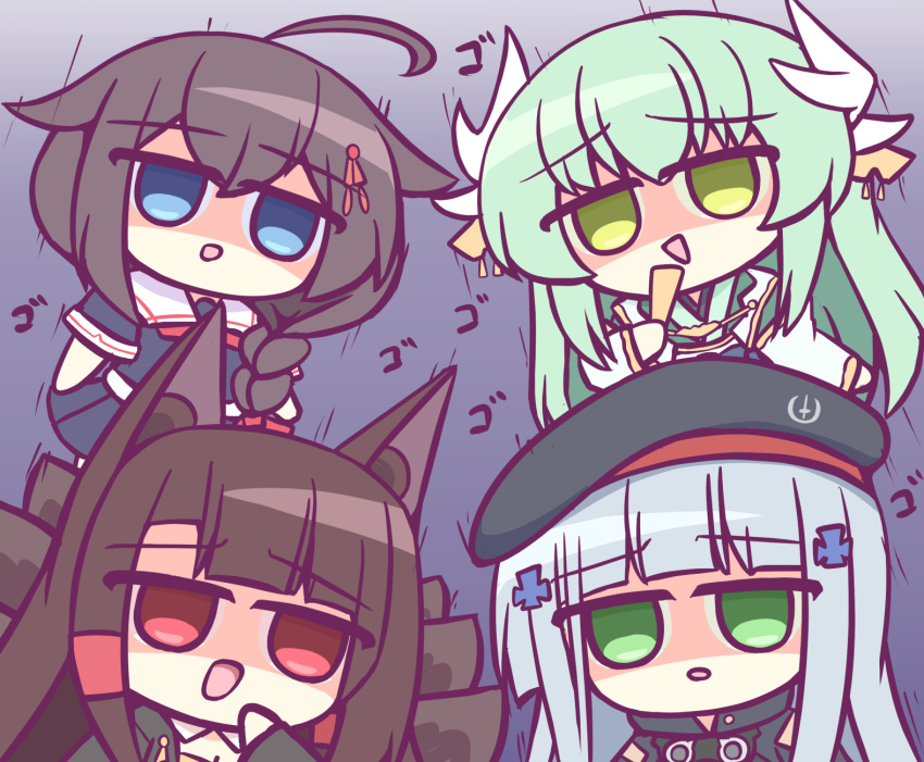 4girls ahoge akagi_(azur_lane) animal_ear_fluff azur_lane beret black_headwear black_kimono blue_eyes blue_hair blue_shirt braid brown_hair brown_tail chibi crossover eyebrows_visible_through_hair fan fate_(series) folding_fan girls_frontline green_eyes green_hair hat highres hk416_(girls_frontline) japanese_clothes kantai_collection kashimu kimono kitsune kiyohime_(fate) kyuubi long_hair looking_at_viewer multiple_girls multiple_tails open_mouth red_eyes shaded_face shigure_(kancolle) shirt simple_background tail white_kimono yandere