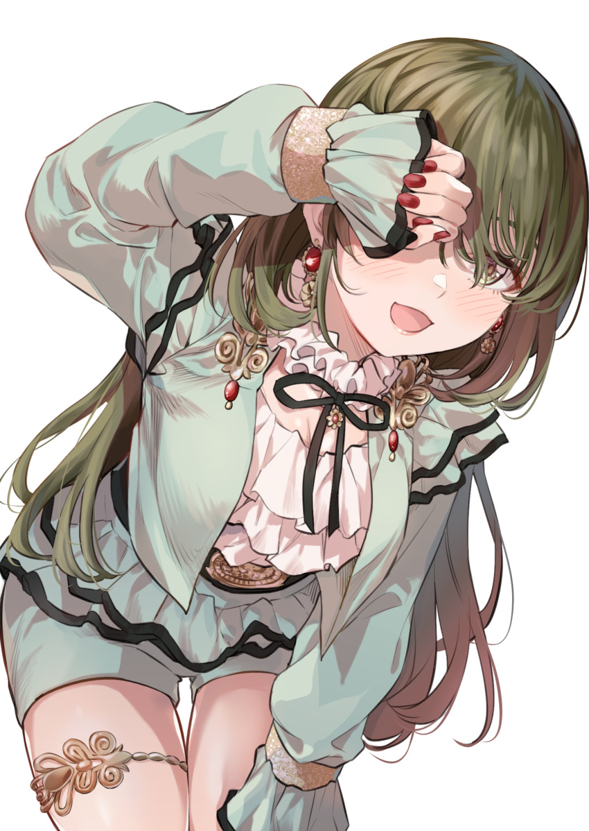 1girl :d arm_up bangs belt black_neckwear black_ribbon blush collar commentary_request covering_one_eye cowboy_shot earrings frilled_collar frilled_shirt frilled_shorts frilled_sleeves frills fukuyama_satoshi green_eyes green_hair green_jacket green_shorts hair_between_eyes hand_on_own_thigh highres idolmaster idolmaster_shiny_colors jacket jewelry leaning_forward long_hair long_sleeves looking_at_viewer nail_polish nanakusa_nichika neck_ribbon open_clothes open_jacket open_mouth red_nails ribbon shirt shorts simple_background sleeves_past_wrists smile solo standing thigh_gap thighlet very_long_hair white_background white_collar white_shirt