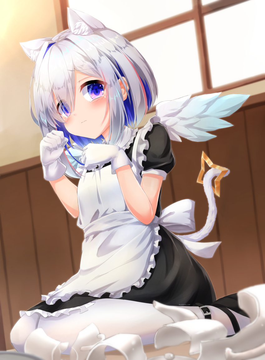 1girl absurdres alternate_costume amane_kanata angel angel_wings animal_ear_fluff animal_ears apron asymmetrical_bangs bangs black_dress blue_eyes blue_hair blush bob_cut broken_cup cat_ears cat_girl cat_tail colored_inner_hair dress enmaided feathered_wings frilled_apron frilled_dress frills gloves gradient gradient_eyes gradient_wings hair_intakes hair_over_one_eye highres hololive looking_at_viewer maid maid_apron mini_wings multicolored multicolored_eyes multicolored_hair multicolored_wings pantyhose paw_pose pink_hair puffy_short_sleeves puffy_sleeves reflective_eyes seiza short_dress short_hair short_sleeves silver_hair sitting solo streaked_hair tail tail_ornament tearing_up violet_eyes virtual_youtuber white_apron white_gloves white_legwear white_wings wings yukikawa_sara
