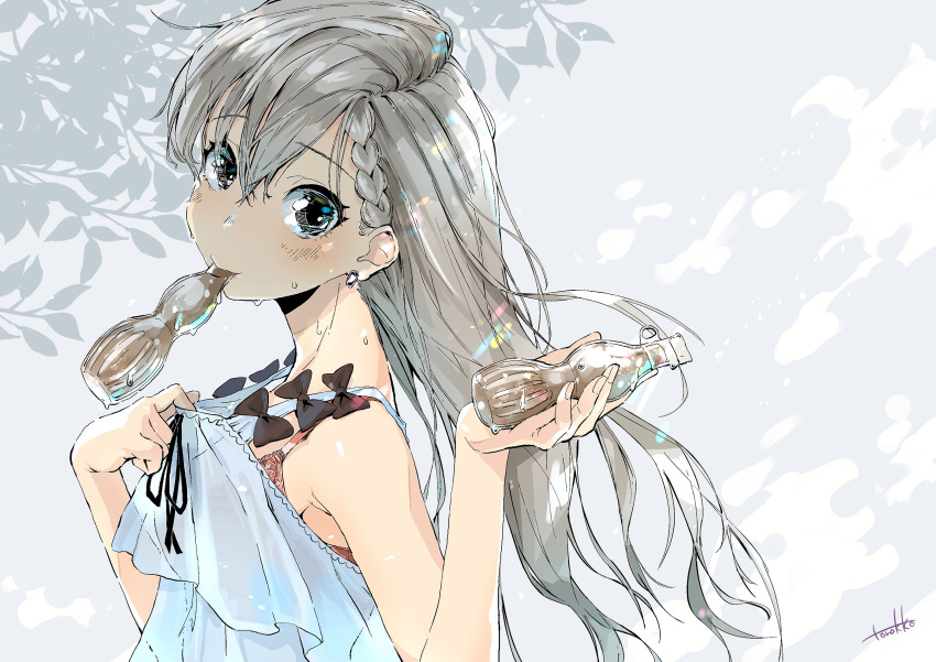 1girl bangs bare_shoulders blush bow braid braided_bangs dress dress_pull earrings food grey_background grey_hair highres hisakawa_hayate holding holding_food idolmaster idolmaster_cinderella_girls idolmaster_cinderella_girls_starlight_stage jewelry layered_dress leaf_print long_hair mouth_hold ribbon ribbon_trim shiny shiny_hair sleeveless sleeveless_dress solo torokko tupet upper_body