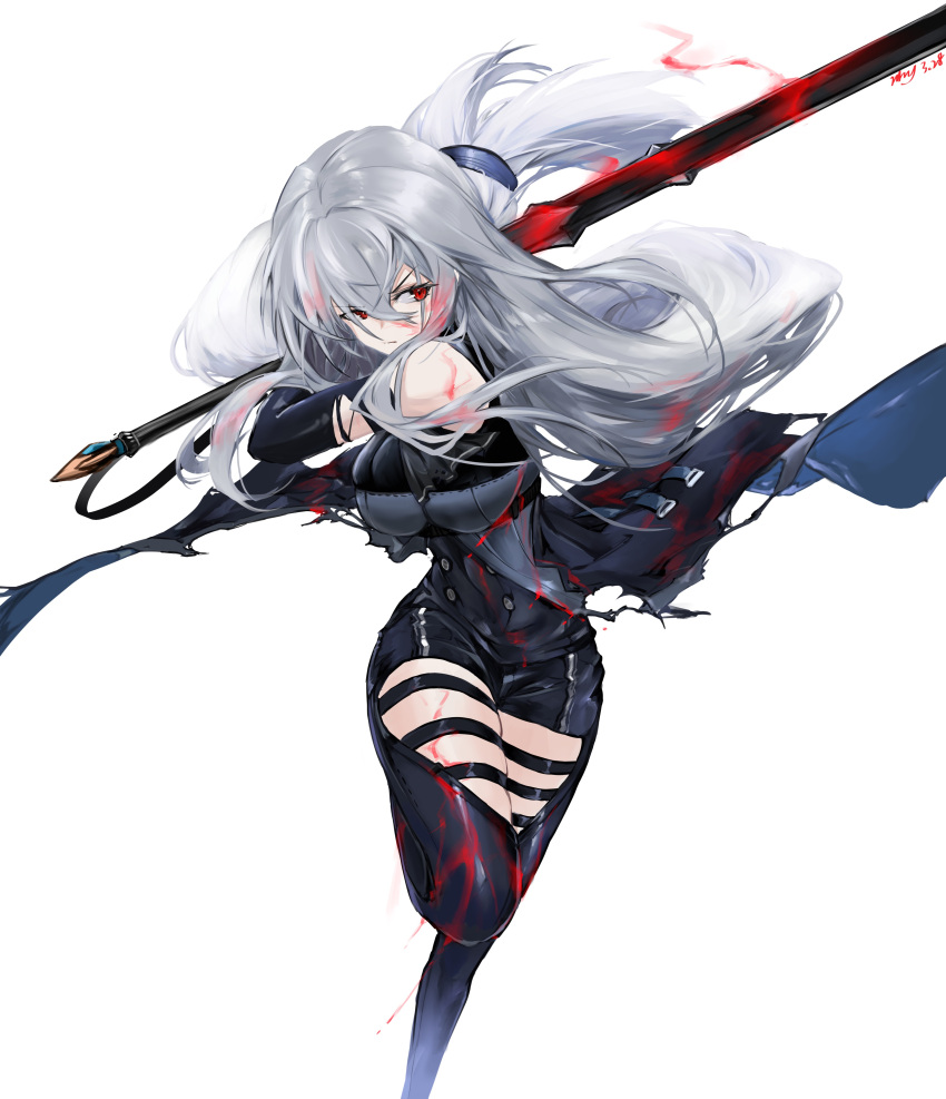 1girl absurdres arknights armpits artist_name bangs bare_shoulders black_capelet black_coat black_headwear blood blood_on_face bloody_clothes bloody_weapon breasts capelet claymore_(sword) coat dated elite_ii_(arknights) eyebrows_visible_through_hair fighting frills hair_between_eyes hat hhy highres holding holding_sword holding_weapon large_breasts leg_up long_hair looking_at_viewer looking_to_the_side low-tied_long_hair ponytail red_eyes sidelocks silver_hair skadi_(arknights) sleeveless solo sword thigh_strap thighs torn_clothes v-shaped_eyebrows weapon white_background