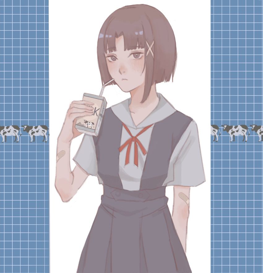 1girl bandaid bandaid_on_arm bangs blue_skirt brown_eyes brown_hair closed_mouth collared_shirt cosplay cow cowboy_shot drinking_straw hair_ornament highres holding iwakura_lain juice_box looking_at_viewer milk neck_ribbon neon_genesis_evangelion parted_bangs pillarboxed pleated_skirt red_ribbon ribbon serial_experiments_lain shirt short_hair short_sleeves single_sidelock skirt solo suspender_skirt suspenders tokyo-3_middle_school_uniform_(evangelion) white_shirt wod x_hair_ornament