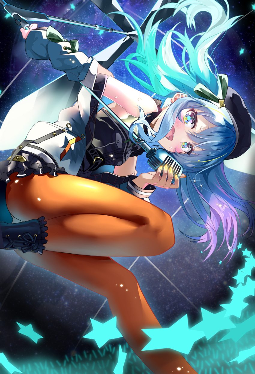 1girl :d aqua_hair bangs beret black_dress black_footwear black_headwear blue_eyes blue_hair blush boots commentary_request dress eyebrows_visible_through_hair feet_out_of_frame fingernails from_below hat highres holding holding_microphone_stand hololive hoshimachi_suisei jacket leg_up long_hair long_sleeves looking_at_viewer microphone_stand multicolored_hair nail_polish off_shoulder open_clothes open_jacket open_mouth orange_legwear purple_hair sho_(runatic_moon) sidelocks sky smile solo standing standing_on_one_leg star_(sky) star_(symbol) starry_sky thigh-highs virtual_youtuber white_jacket yellow_nails