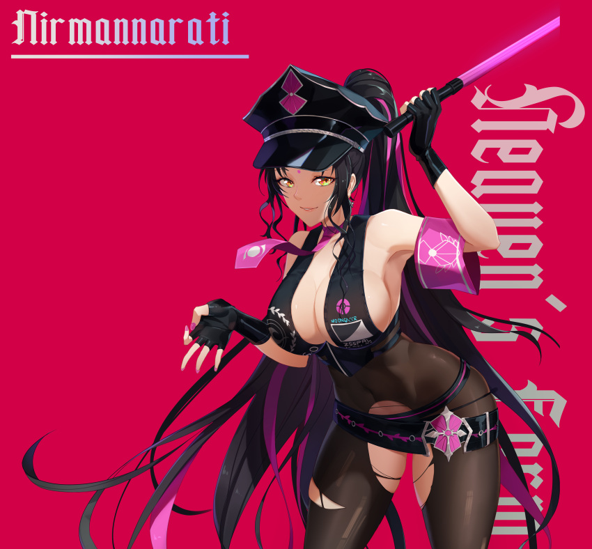 1girl absurdres ar_(3779609928) armband bangs bikini black_bikini black_bodysuit black_footwear black_gloves black_hair bodystocking bodysuit breasts close-up facial_mark fate/grand_order fate_(series) fingerless_gloves forehead_mark forehead_tattoo full_body gloves hat highres large_breasts long_hair multicolored_hair necktie parted_bangs peaked_cap pink_hair police_hat ponytail red_background sesshouin_kiara sesshouin_kiara_(swimsuit_mooncancer)_(fate) simple_background solo standing streaked_hair swimsuit torn_bodysuit torn_clothes traffic_baton very_long_hair