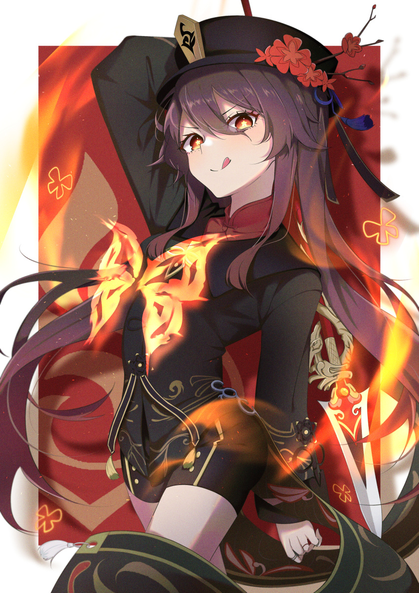1girl :p absurdres arm_up black_headwear black_shorts brown_hair bug butterfly chinese_clothes fire flower genshin_impact highres holding holding_polearm holding_weapon hu_tao huge_filesize insect long_sleeves looking_at_viewer mumei_(mumei_7743) polearm red_eyes short_shorts shorts smile solo star-shaped_pupils star_(symbol) symbol-shaped_pupils tongue tongue_out weapon