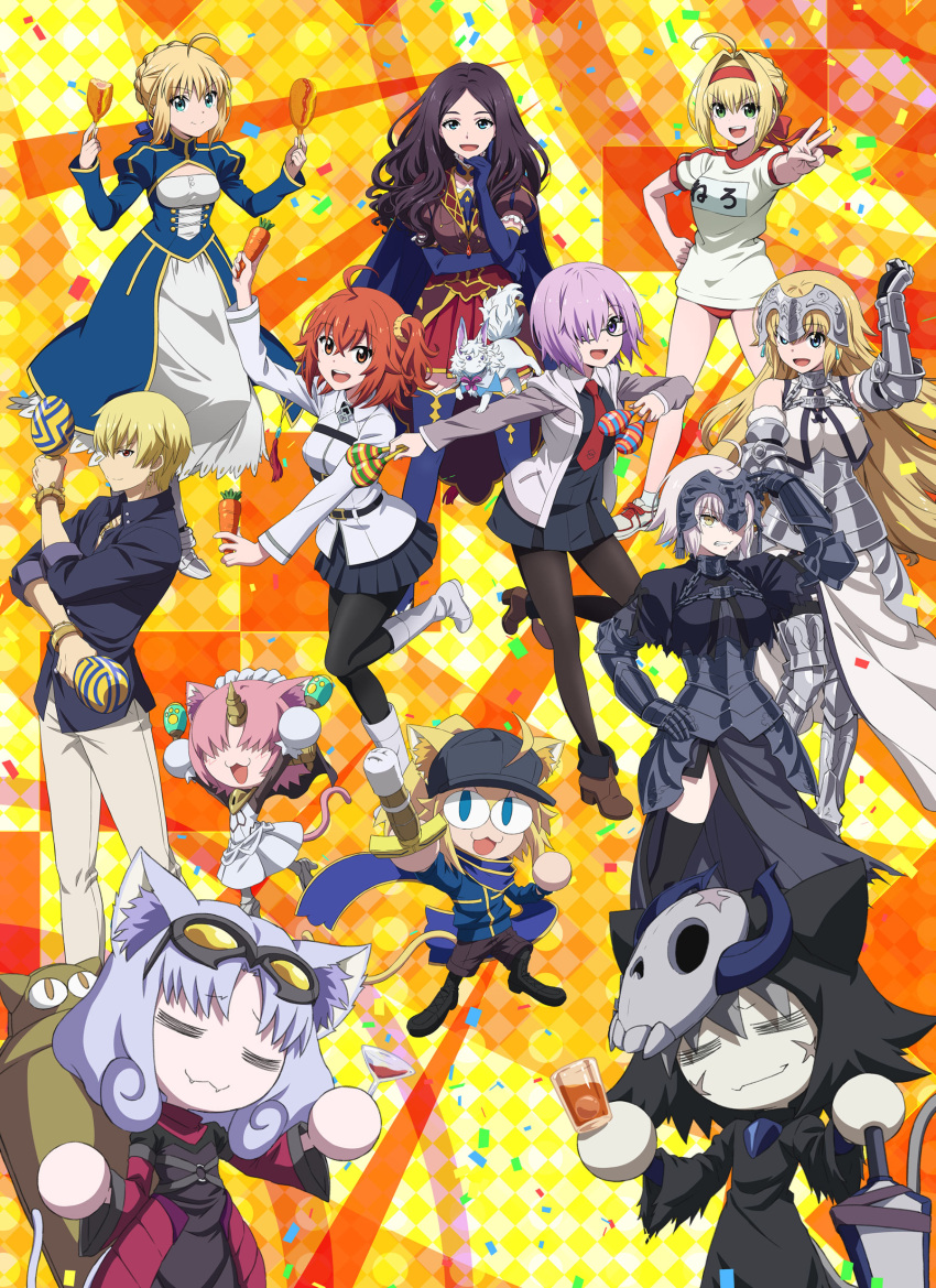 1boy 6+girls absurdres ahoge alcohol armor armored_dress artoria_pendragon_(all) baseball_cap black_dress black_legwear black_skirt blonde_hair blue_eyes boots breasts brown_hair carrot chaldea_uniform confetti corn_dog cosplay cup dress drinking_glass eyebrows_visible_through_hair fangs fate/grand_carnival fate/grand_order fate_(series) fou_(fate) fujimaru_ritsuka_(female) gauntlets gilgamesh gilgamesh_(caster)_(fate) glasses green_eyes hair_ornament hair_over_one_eye hair_scrunchie hat highres horns instrument jacket jeanne_d'arc_(alter)_(fate) jeanne_d'arc_(fate)_(all) key_visual large_breasts light_purple_hair long_sleeves looking_at_viewer maracas mash_kyrielight multiple_girls mysterious_neko_v mysterious_neko_w mysterious_neko_x mysterious_neko_y necktie nero_claudius_(fate) nero_claudius_(fate)_(all) official_art open_mouth orange_eyes orange_hair pantyhose pleated_skirt red_eyes scar scar_on_face scarf scrunchie shinai short_hair side_ponytail single_horn skirt skull_mask smile sword tail thigh-highs upper_teeth violet_eyes weapon white_footwear wine wine_glass yellow_eyes zettai_ryouiki