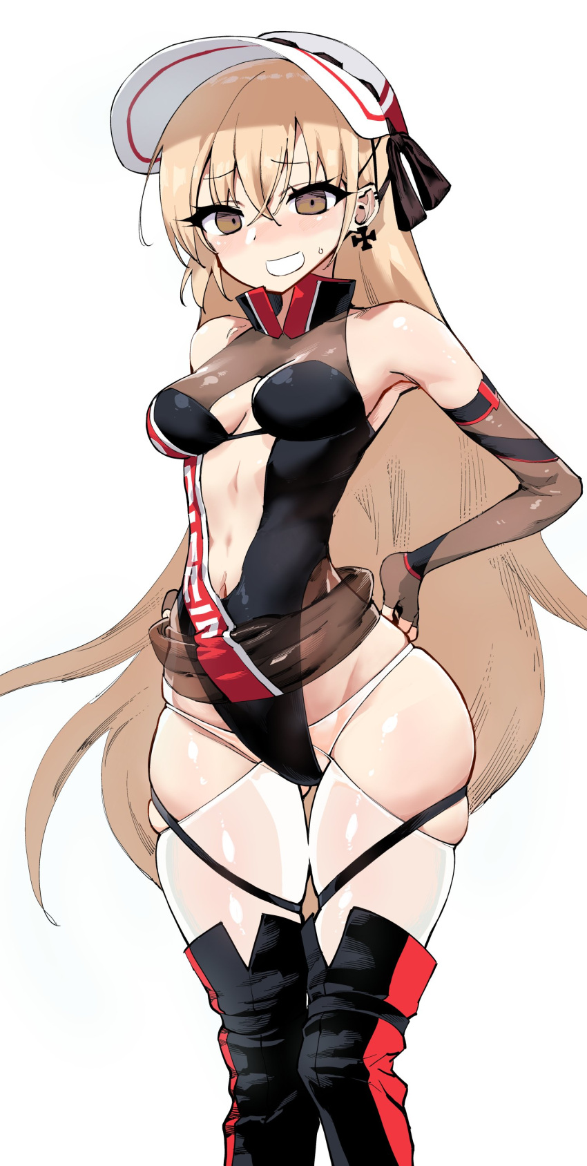 1girl absurdres bangs black_legwear blonde_hair blush bodysuit boots breasts brown_eyes clothing_cutout cross cross_earrings earrings elbow_gloves embarrassed eyebrows_visible_through_hair eyelashes fingerless_gloves girls_frontline gloves high_collar highleg highleg_leotard highres jewelry kinbakuman leotard lifted_by_self long_hair maid_headdress medium_breasts navel navel_cutout ppk_(girls_frontline) racequeen revision sidelocks skin_tight skindentation skirt skirt_lift solo sweatdrop thigh-highs thigh_boots thighs very_long_hair visor_cap white_background white_headwear white_legwear