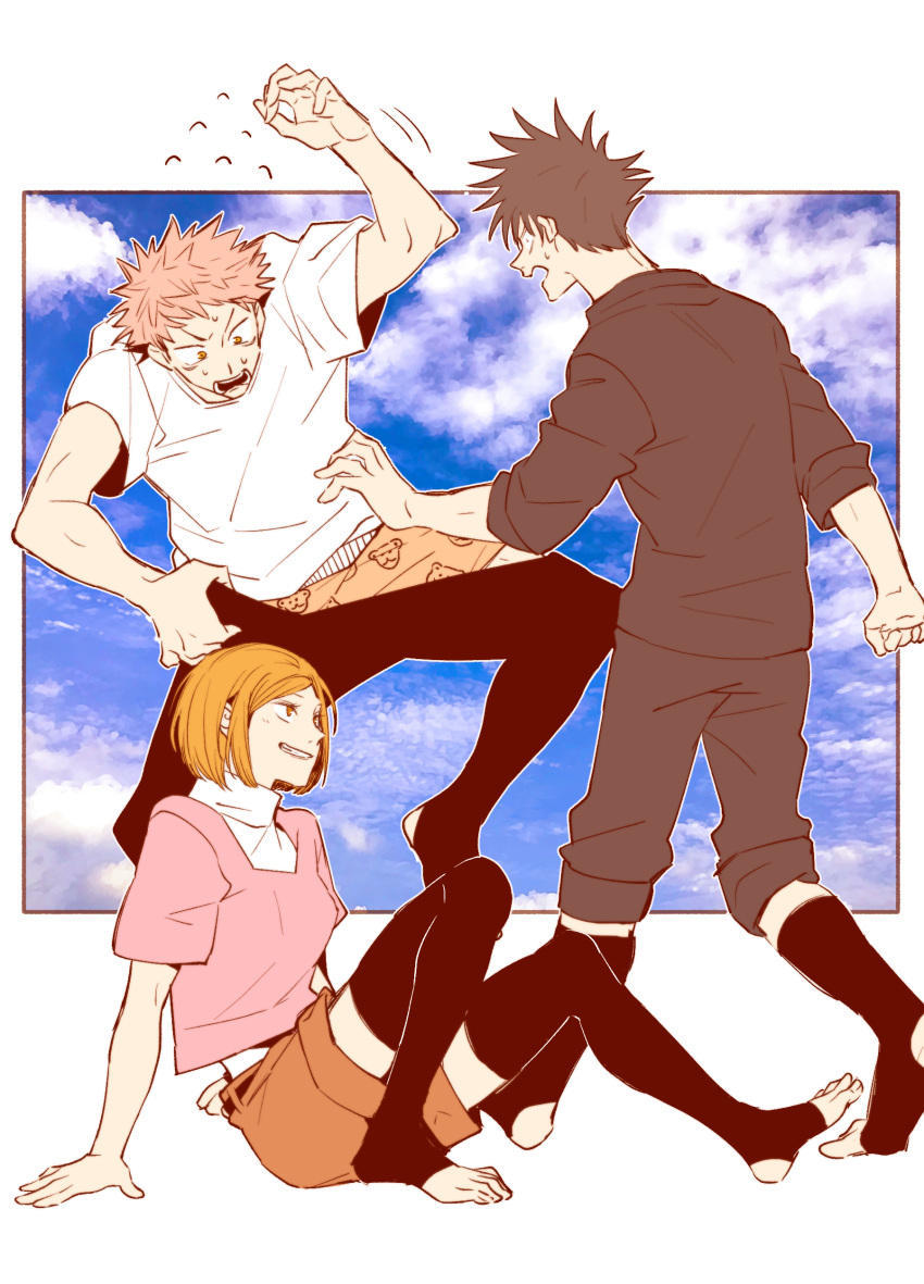 1girl 2boys absurdres alternate_costume black_hair dressing feet fushiguro_megumi grin highres itadori_yuuji jujutsu_kaisen kugisaki_nobara leggings light_brown_hair multiple_boys no_shoes orange_eyes orange_hair pants pants_rolled_up short_hair shorts sleeves_rolled_up smile socks spiky_hair stirrup_legwear thigh-highs toeless_legwear toes turtleneck undercut underwear werty_0w0