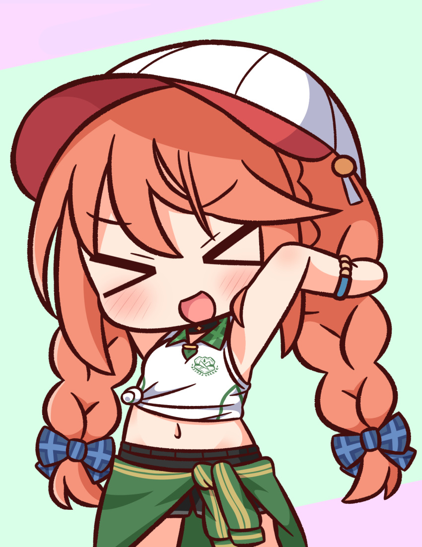 &gt;_&lt; 1girl :d armpits arms_up bangs baseball_cap black_shorts blue_bow blush bow braid brown_hair chibi closed_eyes clothes_around_waist collared_shirt eyebrows_visible_through_hair facing_viewer green_background green_jacket hair_between_eyes hair_bow hana_kazari hat highres jacket jacket_around_waist long_hair navel open_mouth plaid plaid_bow princess_connect! princess_connect!_re:dive purple_background shirt short_shorts shorts sleeveless sleeveless_shirt smile solo tied_shirt twin_braids twintails two-tone_background v-shaped_eyebrows very_long_hair white_headwear white_shirt xd yuni_(princess_connect!)