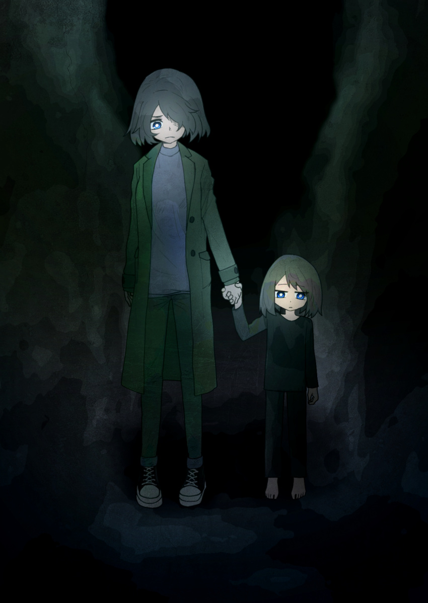 2girls bangs barefoot black_hair blue_eyes buttons casual child closed_mouth dark_background ddolbang expressionless eyebrows_visible_through_hair full_body green_jacket hair_over_one_eye highres holding_hands jacket long_sleeves multiple_girls older original sad shoes sneakers swept_bangs trench_coat turtleneck