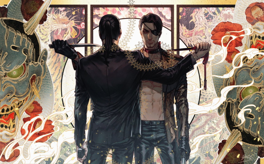 2boys abs black_eyepatch black_jacket black_pants collar dagger dragon dual_persona eastern_dragon eyepatch facial_hair fangs formal future gun handgun hannya highres holding holding_weapon jacket jiao_mao leash leash_pull leather leather_pants majima_gorou mirror_image multiple_boys open_clothes open_shirt pants pistol ponytail red_collar ryuu_ga_gotoku ryuu_ga_gotoku_0 ryuu_ga_gotoku_1 sliding_doors teeth tiger timeskip transformation weapon