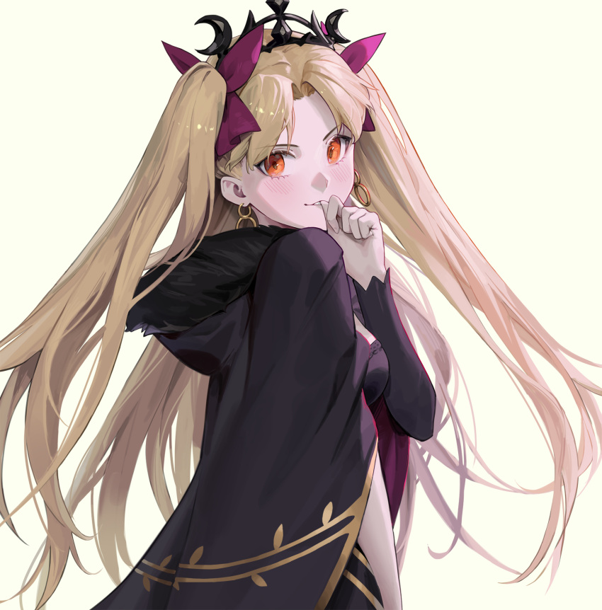1girl bangs blonde_hair blush breasts cotta_(heleif) cowboy_shot earrings ereshkigal_(fate) fate/grand_order fate_(series) from_side fur_trim hair_ribbon hand_up highres hood hood_down jewelry long_hair long_sleeves looking_at_viewer medium_breasts pale_skin parted_bangs red_eyes ribbon simple_background smile solo tiara two_side_up upper_body very_long_hair white_background