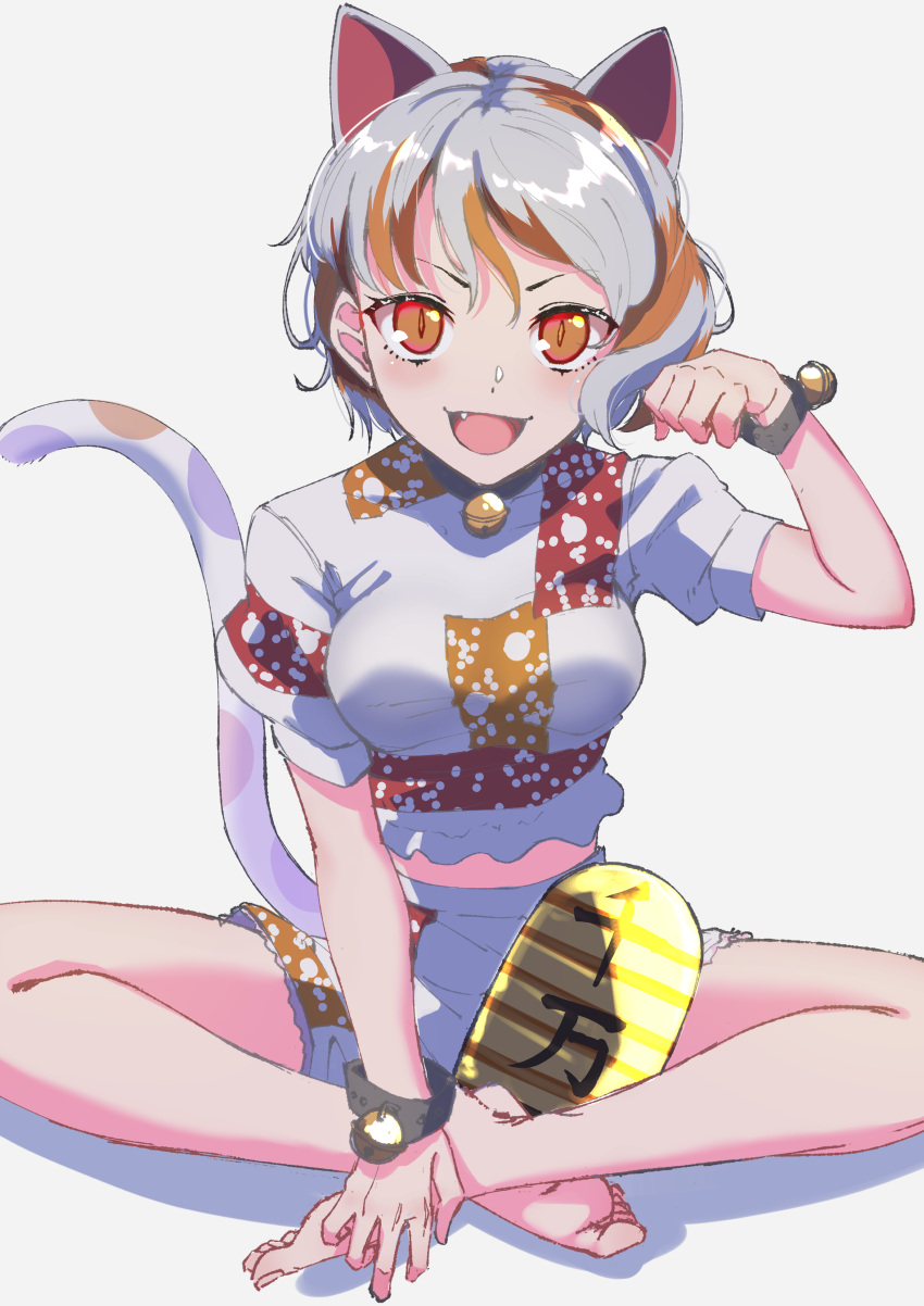 1girl :d absurdres animal_ears bangs barefoot bell black_collar blush bracelet breasts cat_ears cat_tail coin collar commentary_request crop_top fang goutokuji_mike hand_up highres indian_style jewelry jingle_bell jnakamura1182 looking_at_viewer maneki-neko medium_breasts midriff multicolored_hair open_mouth orange_eyes paw_pose puffy_short_sleeves puffy_sleeves shirt short_hair short_sleeves shorts silver_hair sitting slit_pupils smile solo streaked_hair swept_bangs tail toes touhou v-shaped_eyebrows white_shirt white_shorts