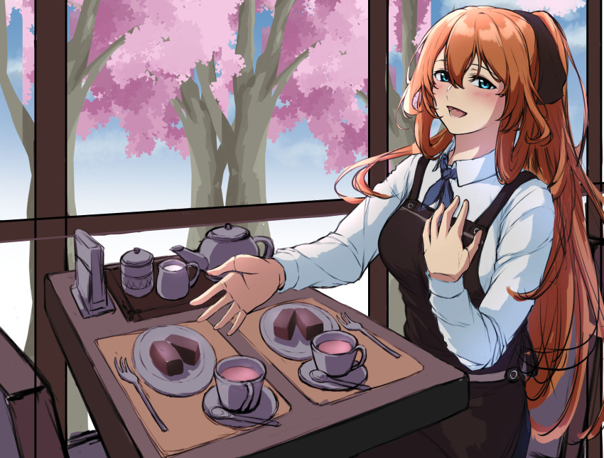1girl 3_small_spiders apron blue_eyes blue_neckwear blush brown_hair cafe chair cherry_blossoms collared_shirt commentary_request cup food fork girls_frontline hair_between_eyes hair_ribbon hand_on_own_chest highres indoors long_hair long_sleeves m1903_springfield_(girls_frontline) open_mouth outstretched_hand plate ribbon shirt sitting spoon table teapot white_shirt window