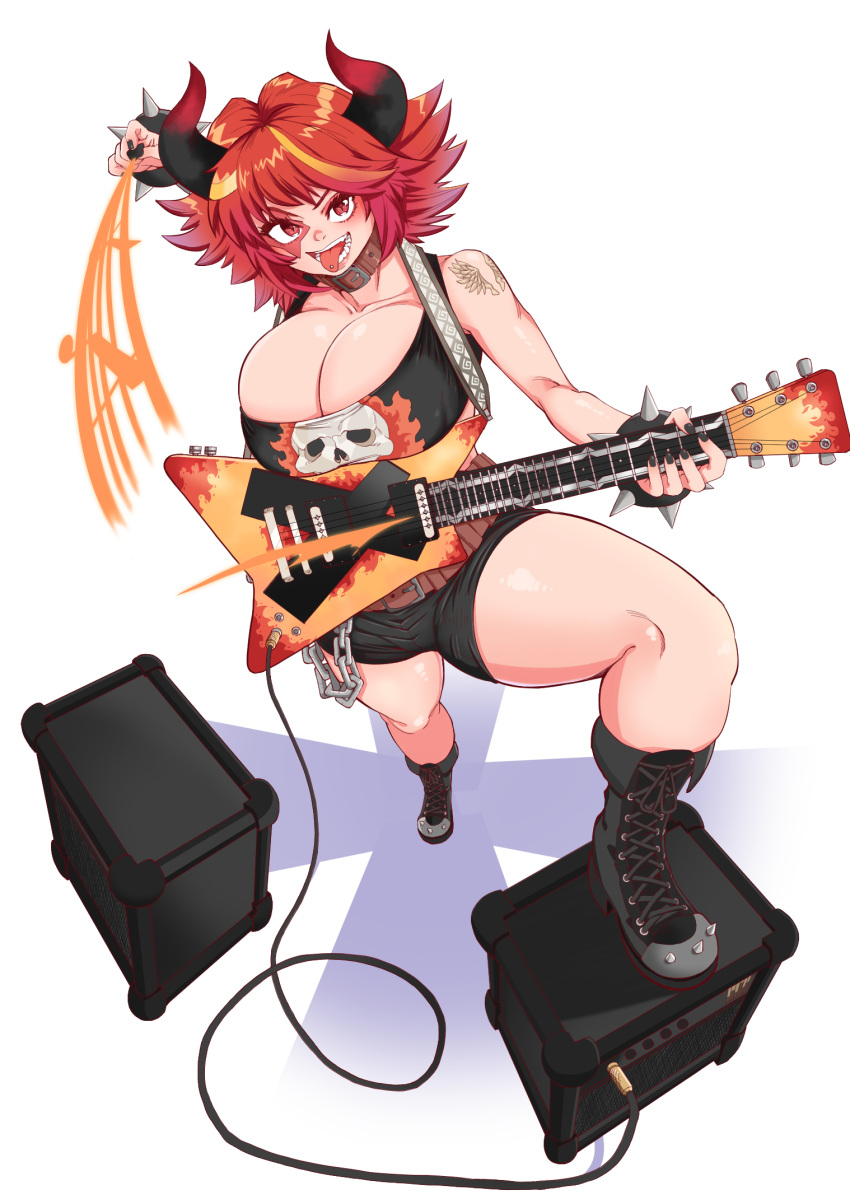 1girl alternate_costume bangs belt black_footwear black_pants bluecandy breasts collar electric_guitar fake_horns full_body grin guardian_tales guitar highres holding holding_instrument horns idol_captain_eva instrument large_breasts looking_at_viewer pants red_eyes redhead smile teeth