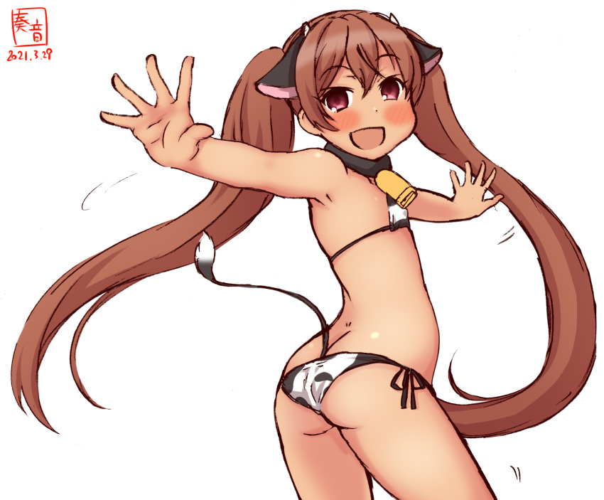 anal_tail animal_ears animal_print artist_logo ass bikini brown_eyes brown_hair commentary_request cow_ears cow_horns cow_print cow_tail cowboy_shot dated fake_tail flat_chest from_behind highres horns kanon_(kurogane_knights) kantai_collection libeccio_(kancolle) long_hair looking_at_viewer looking_back one-hour_drawing_challenge side-tie_bikini simple_background standing swimsuit tail tan thigh-highs twintails waving white_background white_bikini white_legwear
