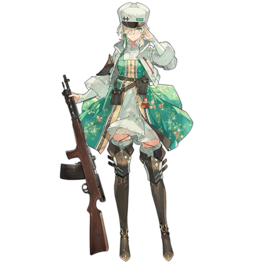 1girl assault_rifle bag belt blonde_hair blush boots brown_footwear closed_mouth cross eyebrows_visible_through_hair fedorov_(girls_frontline) fedorov_avtomat floor girls_frontline green_eyes green_ribbon gun hair_between_eyes hair_over_one_eye hair_ribbon highres holding holding_weapon holster jacket looking_at_viewer medium_hair official_art open_clothes open_jacket orthodox_cross papakha ribbon rifle salute shirt solo standing starshadowmagician thigh-highs thigh_boots traditional_dress transparent_background weapon white_headwear white_jacket white_shirt