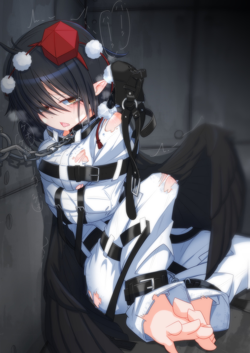 1girl absurdres barefoot bdsm belt_buckle bird_wings black_hair black_wings bondage bound breasts buckle feet gag_removed hat hauchiwa highres medium_breasts menou_74 padded_walls pointy_ears pom_pom_(clothes) restrained shameimaru_aya short_hair solo straitjacket tengu tied_up toes tokin_hat torn_clothes touhou wings yellow_eyes