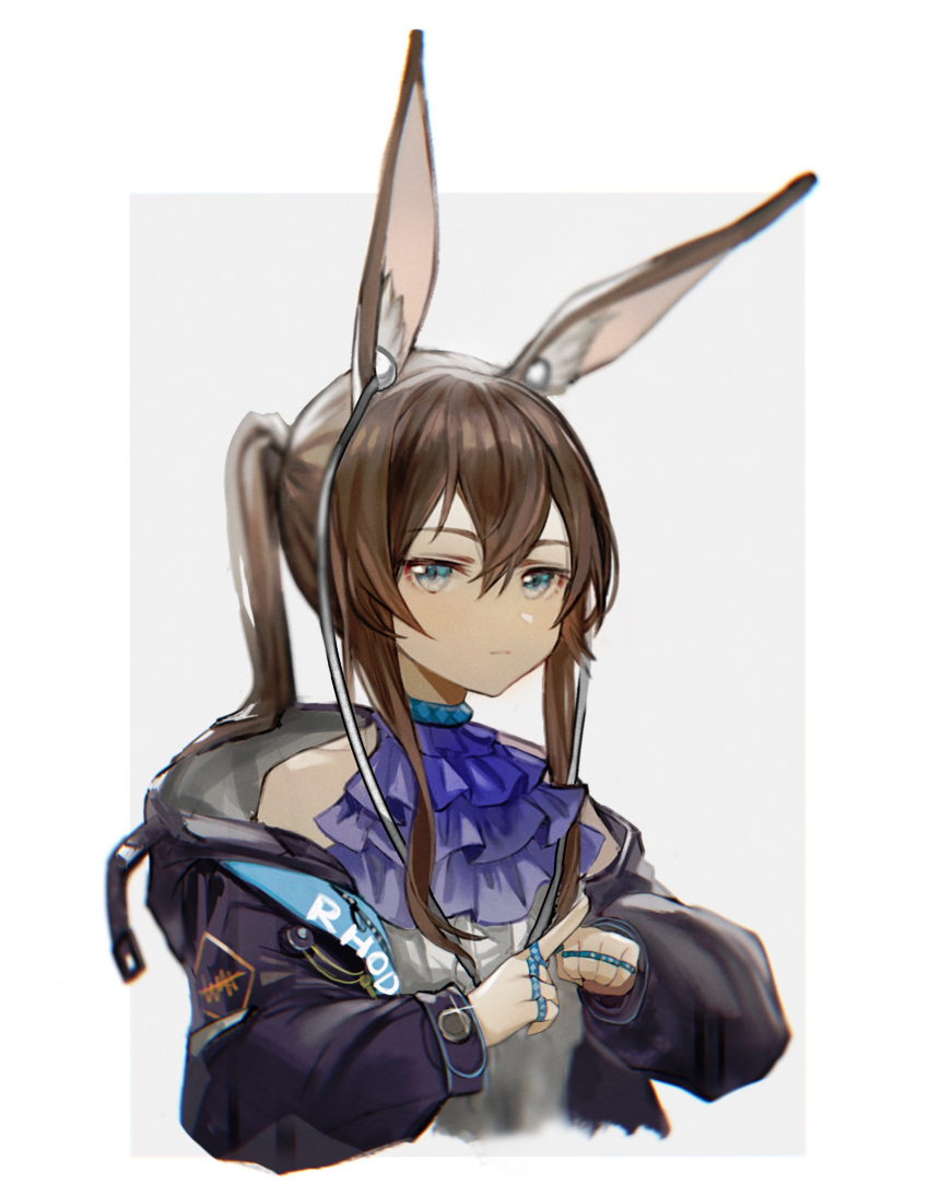 1girl absurdres amiya_(arknights) animal_ears arknights black_coat blue_eyes blue_neckwear breasts brown_hair clenched_hand closed_mouth coat commentary cravat expressionless eyebrows_visible_through_hair grey_background hair_between_eyes highres hooded_coat index_finger_raised jewelry long_hair looking_at_viewer multiple_rings neck_ring open_clothes open_coat ponytail rabbit_ears ring sidelocks simple_background sleeveless small_breasts solo stethoscope sweater theta.ming upper_body white_sweater