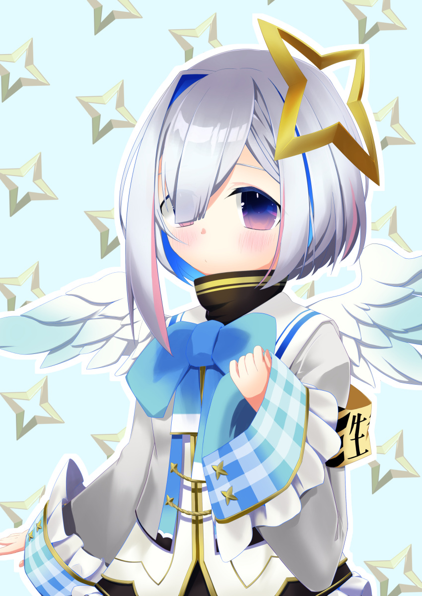 1girl absurdres aiguillette akana amane_kanata angel angel_wings armband asymmetrical_bangs asymmetrical_hair bangs black_dress blue_eyes blue_hair blue_neckwear blue_wings blush bob_cut bow bowtie colored_inner_hair cropped_jacket dress feathered_wings frilled_dress frills gingham gradient gradient_eyes gradient_wings grey_jacket hair_over_one_eye halo highres hololive jacket long_sleeves looking_at_viewer multicolored multicolored_eyes multicolored_hair multicolored_wings pink_eyes pink_hair sailor_collar shirt short_dress short_hair silver_hair single_hair_intake sleeve_cuffs sleeve_hold sleeves_folded_up sleeves_past_wrists solo star_halo streaked_hair turtleneck turtleneck_dress upper_body violet_eyes virtual_youtuber white_shirt white_wings wide_sleeves wings