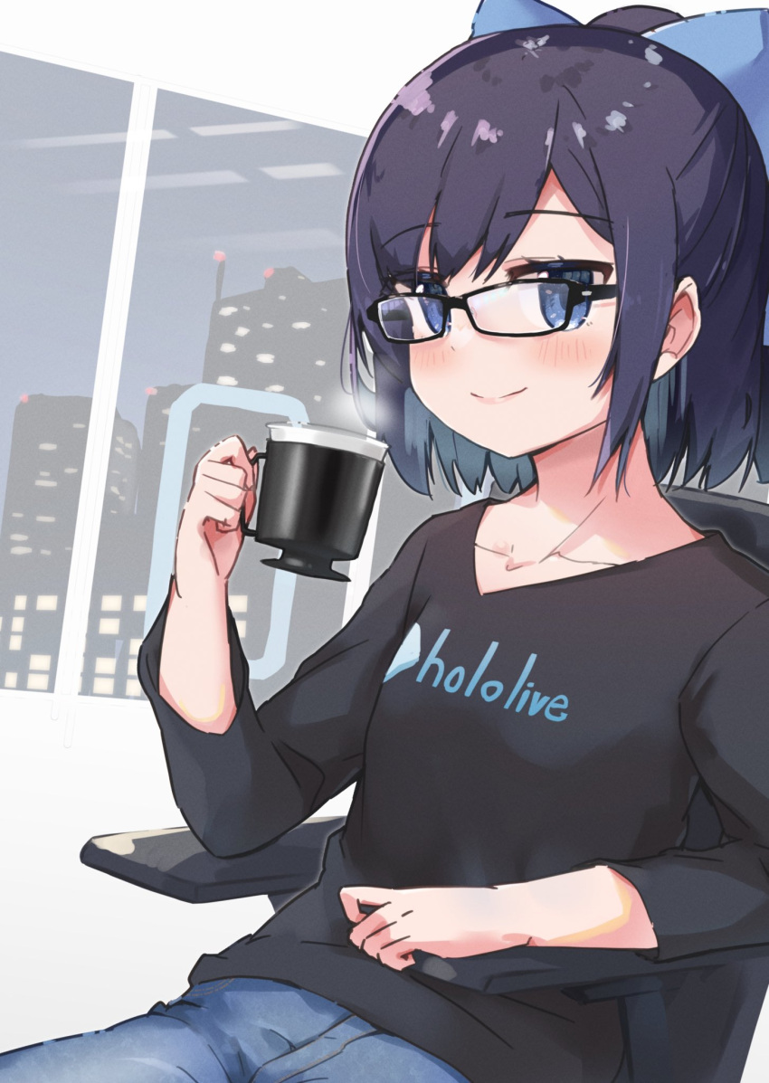 1girl black-framed_eyewear black_shirt blue_bow blue_hair blue_pants blush bow breasts chair city closed_mouth clothes_writing coffee_cup collarbone commentary copyright_name cowboy_shot cup denim disposable_cup eyebrows_visible_through_hair glasses hair_bow highres holding holding_cup hololive indoors jeans looking_at_viewer pants ponytail popup shirt short_hair sitting small_breasts smile solo steam v-neck virtual_youtuber window yuujin_a_(hololive)