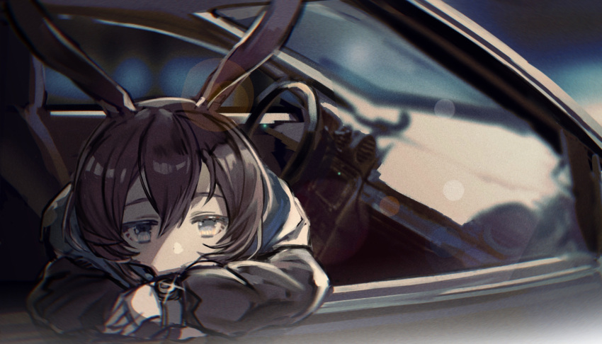 1girl amiya_(arknights) animal_ears arknights black_coat blue_eyes blurry bokeh brown_hair car car_interior coat commentary covered_mouth crossed_arms depth_of_field english_commentary facing_viewer glint ground_vehicle hair_between_eyes highres hooded_coat jewelry leaning_forward long_hair motor_vehicle multiple_rings rabbit_ears ring solo steering_wheel theta.ming