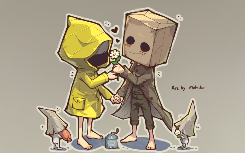 1boy 1girl artist_name bag bangs barefoot blush brown_coat brown_pants brown_shirt character_request coat commentary_request flower food giving grey_background hat heart highres holding holding_flower holding_food hood hood_up jacket little_nightmares little_nightmares_ii long_sleeves melailai mono_(little_nightmares) outline pants paper_bag raincoat sausage shirt shirt_tucked_in simple_background six_(little_nightmares) standing white_flower white_outline