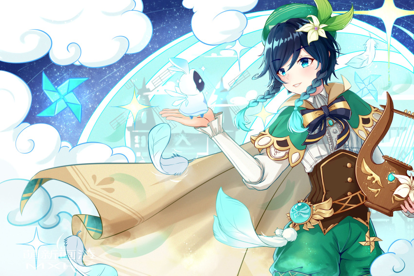 1boy absurdres androgynous bangs barbatos_(genshin_impact) beret black_hair blue_hair bow braid brooch cape cloak clouds collared_cape collared_shirt corset detached_wings elemental_(creature) eyebrows_visible_through_hair feathers flower frilled_sleeves frills gem genshin_impact gradient_hair green_eyes green_headwear green_shorts hair_flower hair_ornament hat highres holding holding_instrument hood hood_up hooded_cloak instrument jewelry leaf long_sleeves lyre male_focus moe_shin_image_residue multicolored_hair open_mouth pinwheel shirt short_hair_with_long_locks shorts sky smile solo star_(sky) starry_sky twin_braids venti_(genshin_impact) vision_(genshin_impact) white_flower white_shirt wings