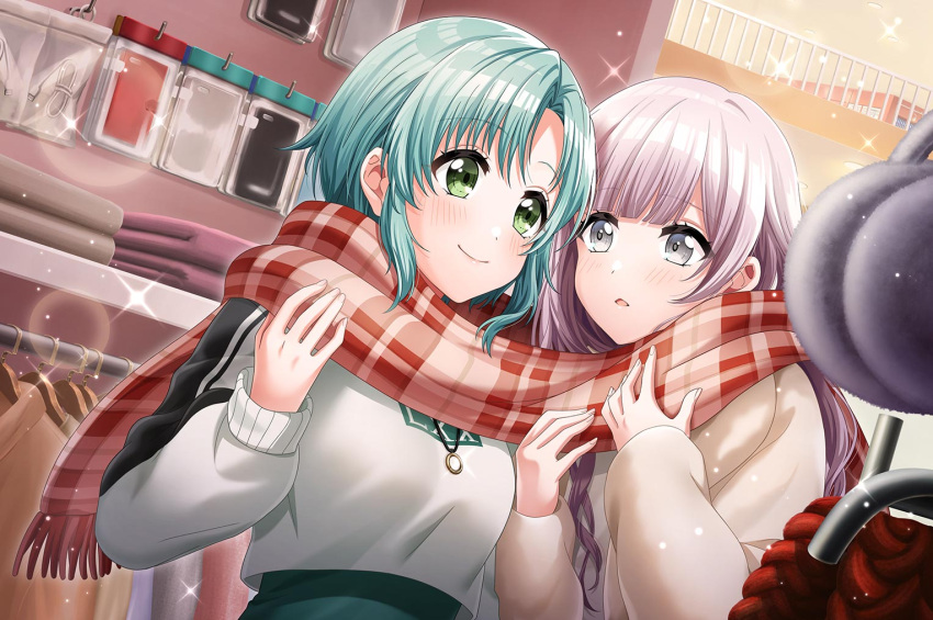 2girls blush d4dj dress green_eyes green_hair grey_eyes grey_hair hanamaki_towa izumo_saki long_hair official_art scarf short_hair