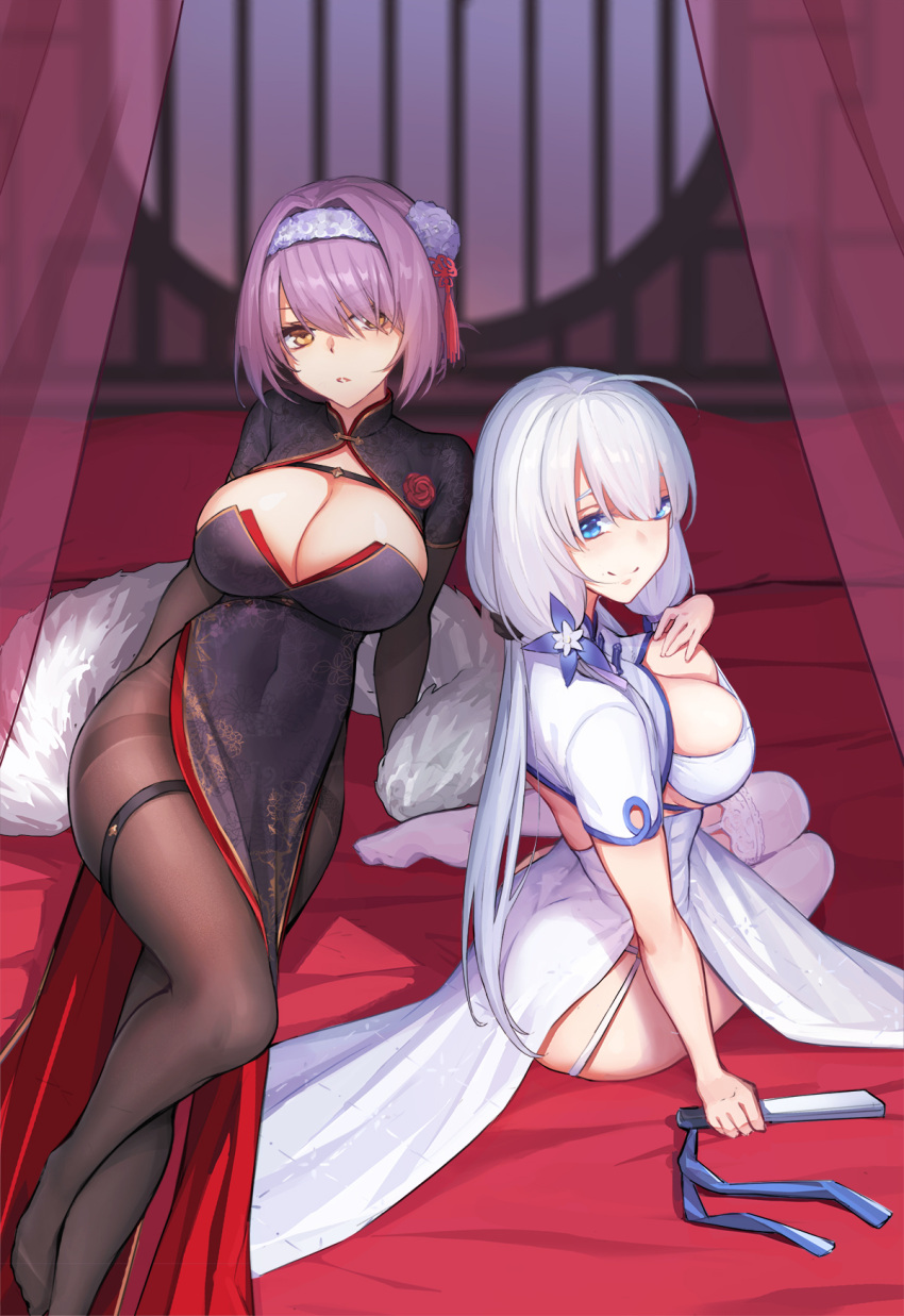 2girls azur_lane black_dress black_legwear breasts china_dress chinese_clothes closed_fan curtains cutout_above_navel dress elbow_gloves eyebrows_visible_through_hair fan feather_boa flower folded_ponytail folding_fan garter_straps gloucester_(azur_lane) gloucester_(brilliance_in_purple)_(azur_lane) gloves hair_between_eyes hair_flower hair_ornament hair_ribbon hairband highres holding holding_fan huge_breasts illustrious_(azur_lane) illustrious_(maiden_lily's_radiance)_(azur_lane) indoors large_breasts looking_at_viewer mole mole_under_eye multiple_girls night on_bed pantyhose ribbon shrug_(clothing) sitting thigh-highs thighband_pantyhose tress_ribbon tri_tails white_dress white_hair white_legwear window xian_yu_mo_ren