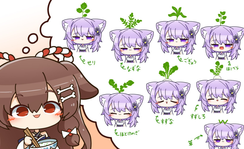 1girl :3 arrow_(symbol) asimo953 bone_hair_ornament bowl brown_hair chopsticks commentary_request food gradient gradient_background hair_ornament hair_tie highres hololive imagining inugami_korone japanese_clothes nekomata_okayu open_mouth purple_hair radish red_eyes smile solo translation_request violet_eyes wa_maid