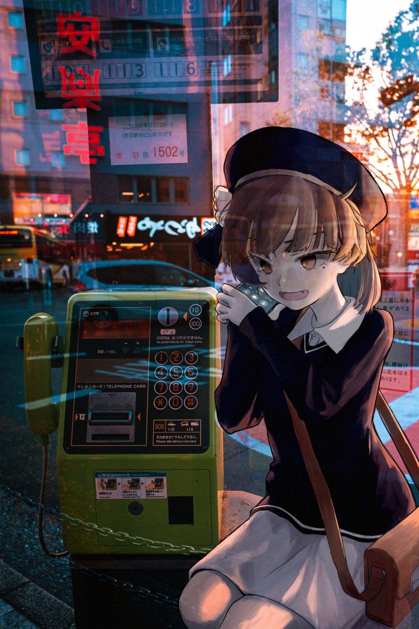 1girl bag bangs beret black_headwear black_sweater blunt_bangs brown_bag brown_eyes brown_hair cellphone city collared_shirt eyebrows_behind_hair fangs feet_out_of_frame hat hatoba_tsugu highres long_sleeves mole mole_under_eye open_mouth outdoors payphone phone photo_background reflection ririringo_mon shirt shoulder_bag skin_fangs skirt smartphone sweater talking_on_phone tsugu_(vtuber) virtual_youtuber white_shirt white_skirt