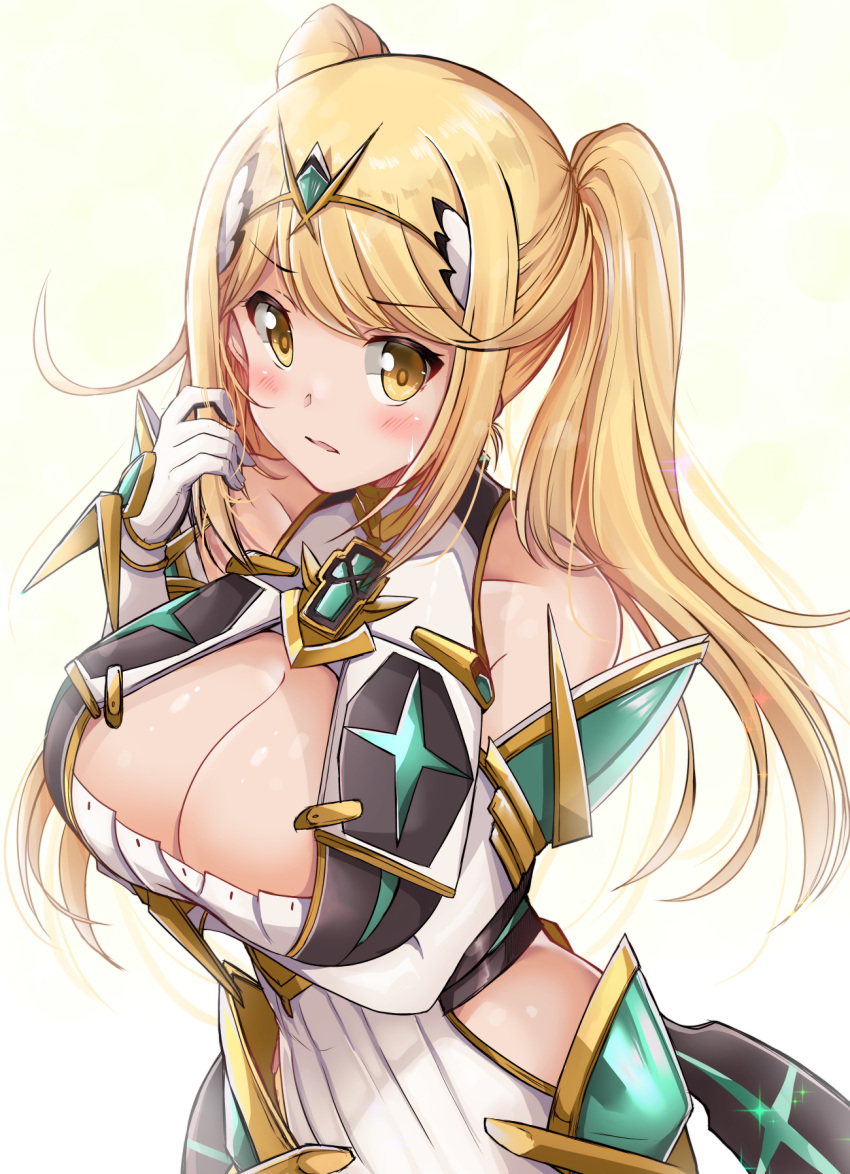 1girl alternate_hairstyle bangs bare_shoulders blonde_hair breasts chest_jewel cleavage_cutout clothing_cutout dress earrings elbow_gloves gloves highres jewelry kurokaze_no_sora large_breasts long_hair mythra_(xenoblade) short_dress short_twintails swept_bangs tiara twintails very_long_hair white_dress white_gloves xenoblade_chronicles_(series) xenoblade_chronicles_2 yellow_eyes