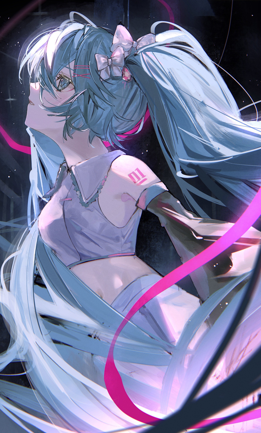 1girl absurdres aqua_eyes aqua_hair bare_shoulders black_sleeves body_writing bow collared_shirt commentary_request cowboy_shot crop_top detached_sleeves frilled_shirt_collar frills from_side grey_shirt hair_bow hatsune_miku highres long_hair midriff pants parted_lips profile shirt solo sushineko8 twintails very_long_hair vocaloid white_bow white_pants
