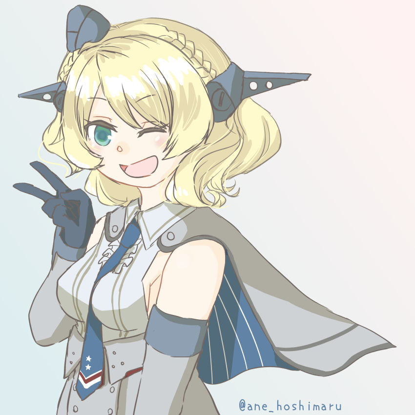 1girl ane_hoshimaru black_gloves blonde_hair blue_eyes blue_neckwear breasts capelet colorado_(kancolle) cowboy_shot dress elbow_gloves garrison_cap gloves grey_dress grey_headwear hat headgear highres kantai_collection large_breasts necktie one-hour_drawing_challenge one_eye_closed shirt short_hair side_braids sideboob sleeveless solo v white_shirt