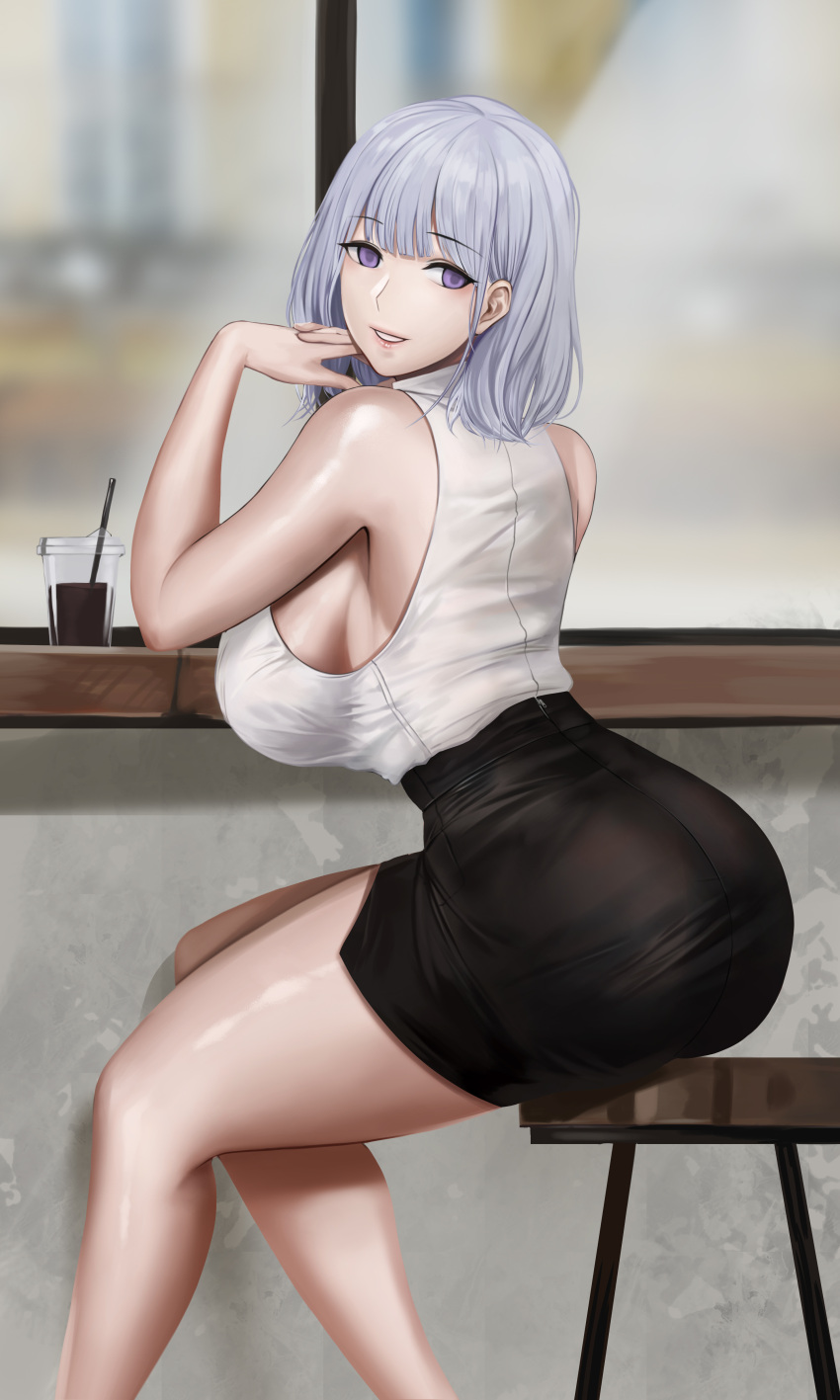 1girl absurdres alternate_costume bare_shoulders black_skirt blurry blurry_background breasts cup drinking_straw gcg girls_frontline hands_together highres indoors large_breasts medium_hair miniskirt office_lady parted_lips rpk-16_(girls_frontline) shirt shirt_tucked_in sideboob silver_hair sitting skirt sleeveless sleeveless_shirt stool thighs violet_eyes white_shirt window