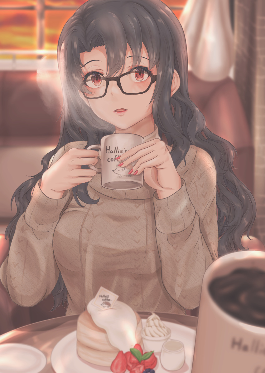 1girl absurdres black_hair blurry breasts commentary_request cream cup depth_of_field food fruit glasses hedgehog highres holding holding_cup idolmaster idolmaster_million_live! indoors izuminnu long_hair looking_at_viewer medium_breasts mug parted_lips pov red_eyes solo_focus souffle_(food) strawberry sweater takayama_sayoko