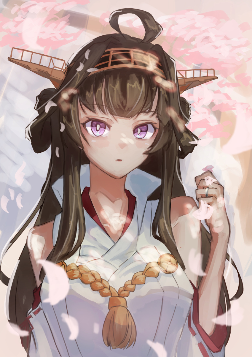 1girl ahoge brown_hair commentary_request detached_sleeves double_bun hairband headgear highres japanese_clothes jewelry kantai_collection kongou_(kancolle) long_hair looking_at_viewer panda_(heart_sink) popped_collar remodel_(kantai_collection) ribbon-trimmed_sleeves ribbon_trim ring solo upper_body violet_eyes wedding_band