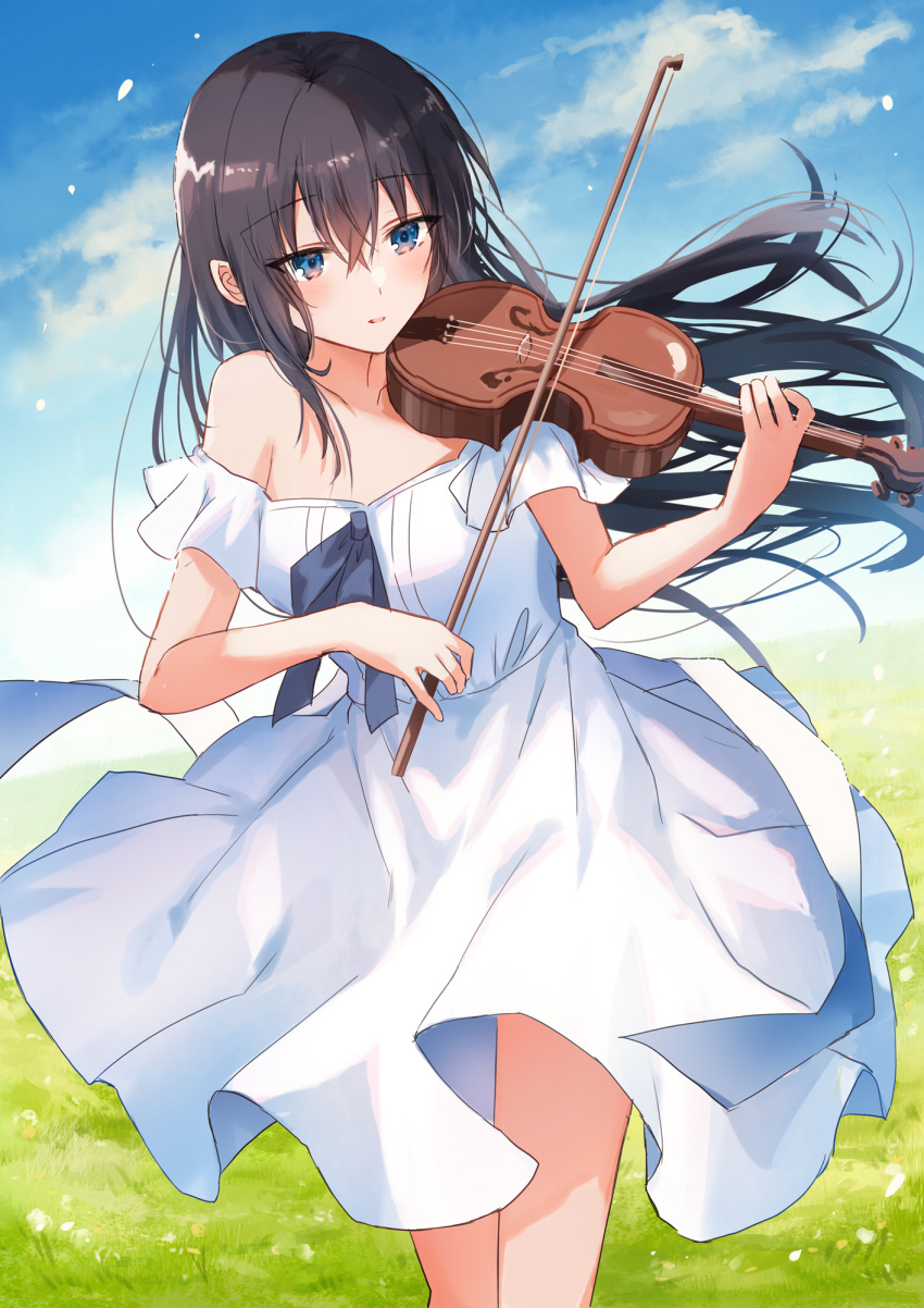 1girl bare_shoulders black_hair blue_eyes blue_sky blush bow_(instrument) clouds dress field grass highres holding holding_instrument instrument kinona long_hair music original outdoors parted_lips playing_instrument sky solo standing strapless strapless_dress violin white_dress