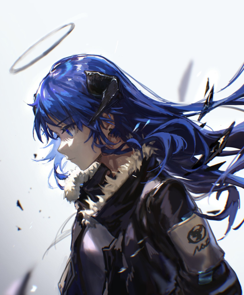 1girl arknights black_jacket blue_eyes blue_hair closed_mouth commentary_request demon_horns expressionless from_side fur-trimmed_jacket fur_trim gloves halo highres horns jacket long_hair long_sleeves looking_at_viewer mostima_(arknights) open_clothes open_jacket sansenokumo shirt simple_background solo upper_body white_background white_shirt