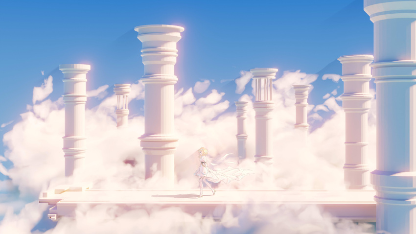 1girl absurdres blonde_hair breasts clouds day detached_sleeves dress from_side genshin_impact highres lumine_(genshin_impact) ngc3370 outdoors pillar profile scarf scenery short_hair_with_long_locks sky solo thigh-highs walking white_dress white_footwear white_legwear white_scarf