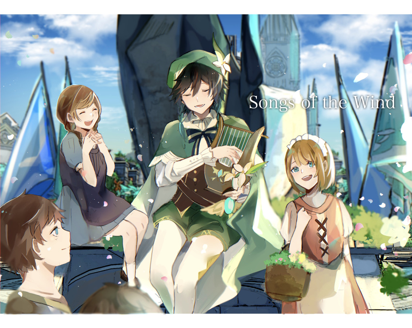 1other 2boys 2girls absurdres androgynous argyle argyle_legwear bangs basket beret black_hair blue_eyes blue_hair bow braid brown_hair building cape child closed_eyes closed_mouth clouds cloudy_sky collared_cape collared_shirt day english_text flower frilled_sleeves frills genshin_impact gradient_hair green_headwear green_shorts hands_together hat hat_flower highres holding holding_basket holding_instrument instrument leaf long_sleeves lyre maid_headdress male_focus multicolored_hair multiple_boys multiple_girls open_mouth outdoors pantyhose petals shirt short_hair_with_long_locks shorts sitting sky smile twin_braids venti_(genshin_impact) vision_(genshin_impact) white_flower white_legwear white_shirt zaza_(zazam_s)