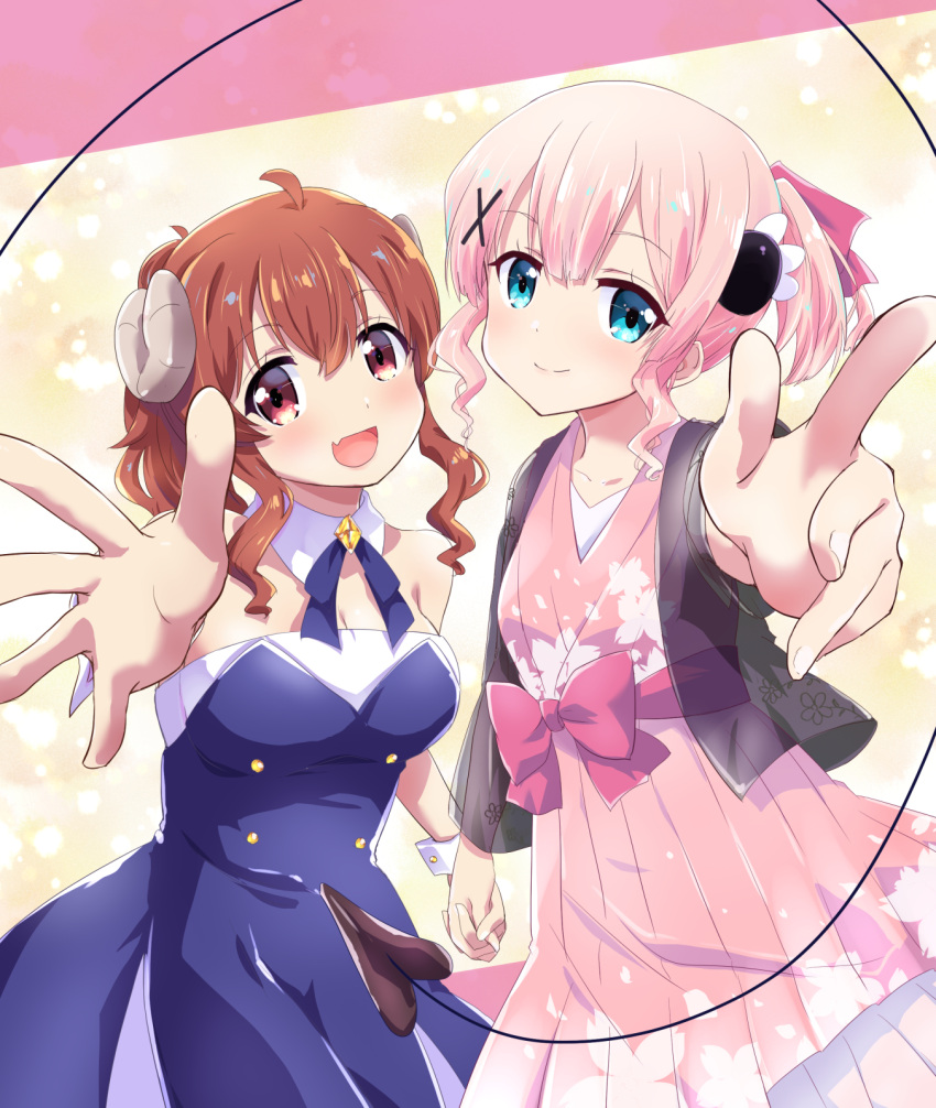 2girls ahoge blue_eyes blush bow brown_eyes brown_hair chiyoda_momo closed_mouth commentary_request curled_horns demon_girl demon_horns demon_tail dress dress_bow eyebrows_visible_through_hair gobera hair_ornament highres holding_hands horns looking_at_viewer machikado_mazoku magical_girl multiple_girls open_mouth pink_dress pink_hair sleeveless sleeveless_dress smile tagme tail x_hair_ornament yoshida_yuuko_(machikado_mazoku)