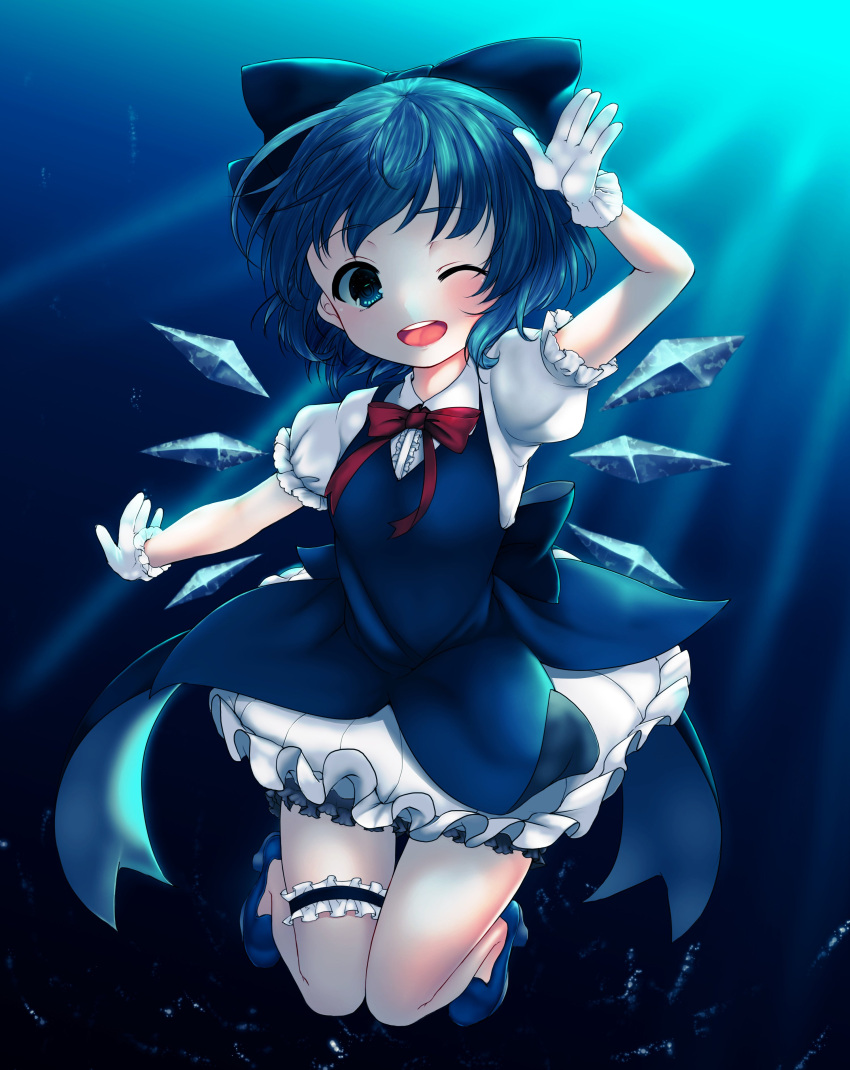 1girl ;d absurdres arm_up back_bow bangs bloomers blue_background blue_bow blue_dress blue_eyes blue_footwear blue_hair blue_ribbon blue_theme blush bow bowtie breasts bubble buttons cirno collaboration collared_shirt commentary_request dress earrings eyebrows eyebrows_visible_through_hair frilled_gloves frilled_skirt frilled_sleeves frills full_body gloves gradient gradient_background hair_bow hair_ribbon high_heels highres ice ice_wings jewelry jpeg_artifacts knees_together_feet_apart kuroteru_(just-shiny) leg_garter light_rays looking_at_viewer one_eye_closed open_mouth outstretched_arm paragasu_(parags112) puffy_short_sleeves puffy_sleeves red_bow red_neckwear red_ribbon ribbon salute shirt shoes short_hair short_sleeves sidelocks skirt sleeveless sleeveless_dress small_breasts smile solo sparkle stud_earrings teeth thigh_gap touhou underwater underwear white_gloves white_shirt wings