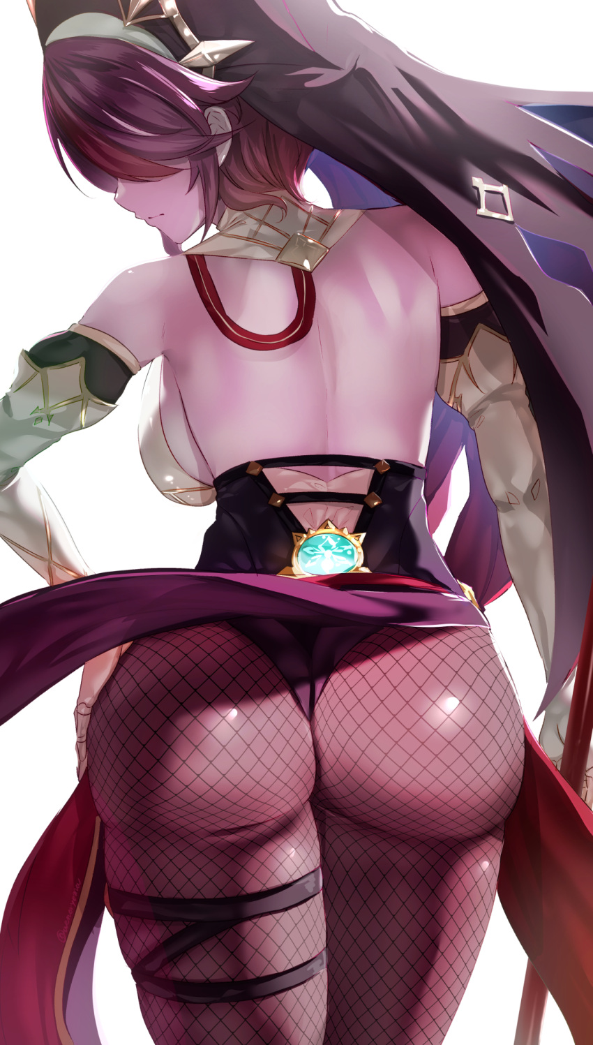 1girl ass bangs bare_shoulders breasts closed_mouth cowboy_shot dress elbow_gloves fishnet_legwear fishnets from_behind genshin_impact gloves hair_over_one_eye hand_on_hip highres medium_breasts pantyhose purple_dress purple_hair purple_headwear purple_legwear rosaria_(genshin_impact) short_hair simple_background solo thigh_strap thighs uenoryoma veil vision_(genshin_impact) white_background white_gloves