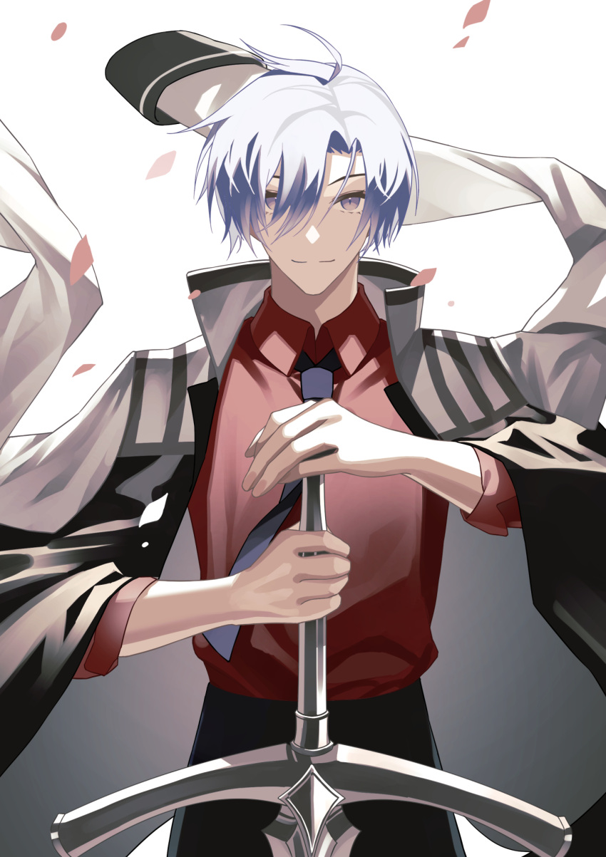 1boy ahoge black_pants blue_hair hair_over_one_eye hand_on_hilt highres holding holding_weapon jacket jacket_on_shoulders looking_at_viewer necktie original pants planted_sword planted_weapon red_shirt shirt smile solo sword tsuki-shigure violet_eyes weapon white_jacket