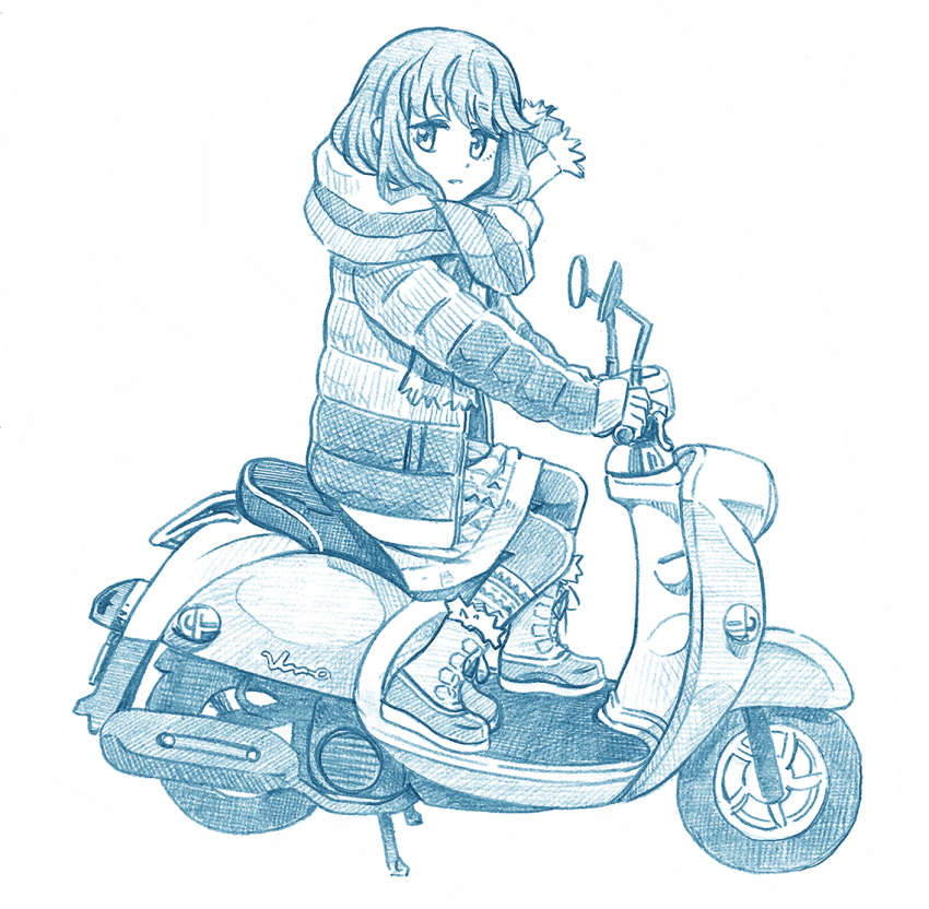 1girl bangs bbb_(friskuser) blue_theme boots coat constricted_pupils from_behind ground_vehicle long_hair long_sleeves medium_skirt monochrome motor_vehicle on_vehicle open_clothes open_coat pantyhose parted_bangs riding scarf scooter shima_rin skirt smile yamaha_vino yurucamp
