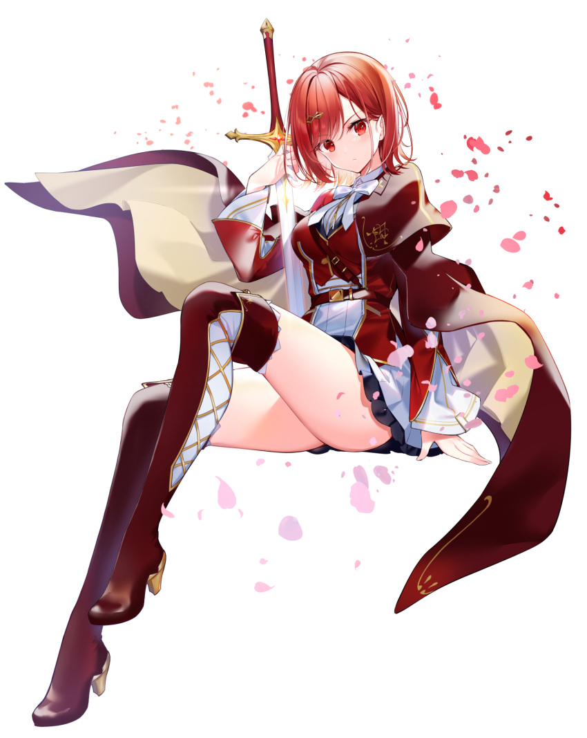 1girl bangs black_skirt blush boots bow bowtie breasts cape commentary_request hair_ornament high_heel_boots high_heels highres holding holding_sword holding_weapon invisible_chair kisaragi_yuri leg_up long_sleeves looking_at_viewer medium_breasts miniskirt original red_cape red_eyes red_footwear red_shirt redhead shirt short_hair sitting skirt solo swept_bangs sword thigh-highs thigh_boots thighs weapon white_neckwear